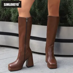 SIMLOVEYO Women Knee High Boots Toe Block Heels 10cm Platform 2.5cm Big Size 43 Concise Female Bota