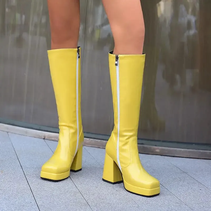 SIMLOVEYO Women Knee High Boots Toe Block Heels 10cm Platform 2.5cm Big Size 43 Concise Female Bota