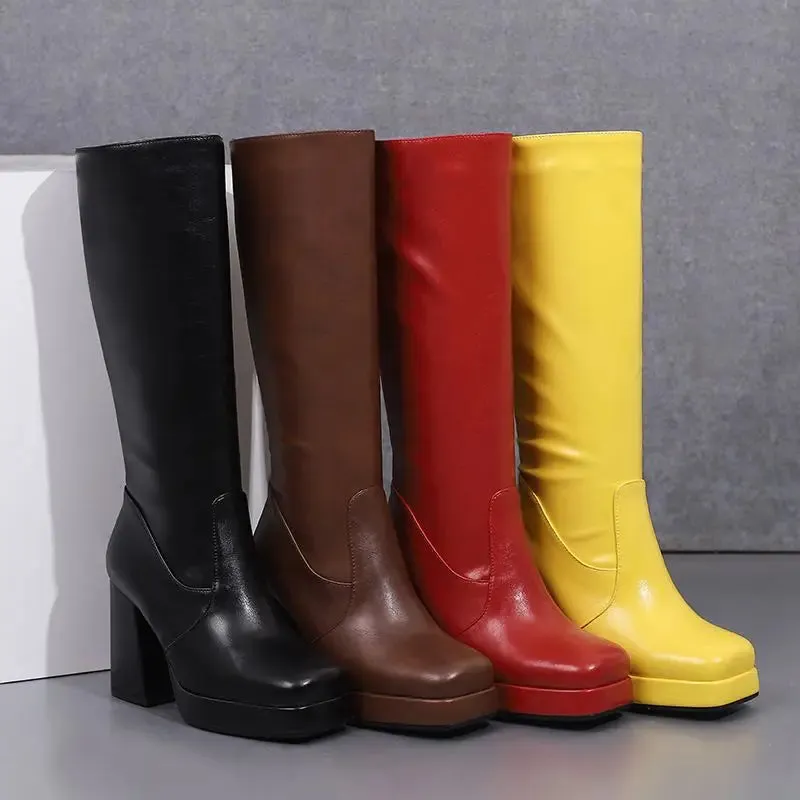 SIMLOVEYO Women Knee High Boots Toe Block Heels 10cm Platform 2.5cm Big Size 43 Concise Female Bota