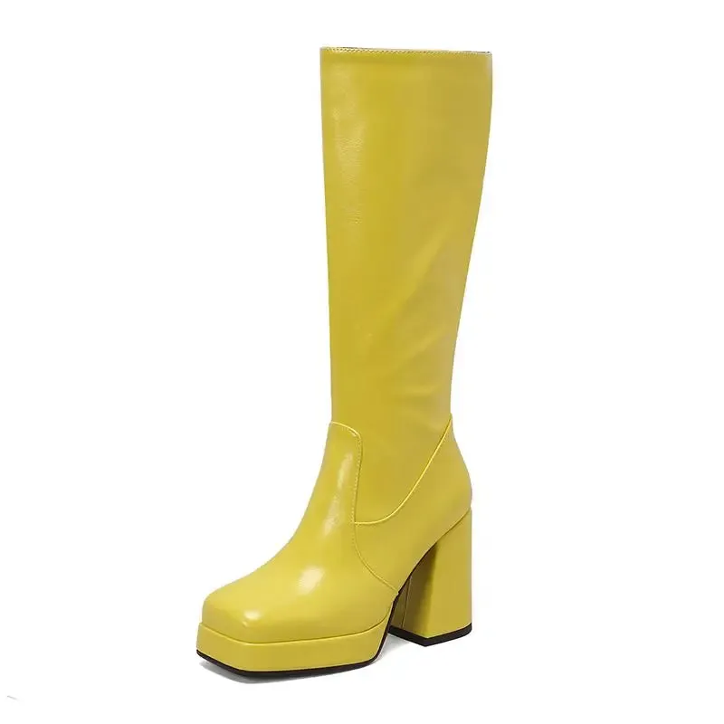 SIMLOVEYO Women Knee High Boots Toe Block Heels 10cm Platform 2.5cm Big Size 43 Concise Female Bota