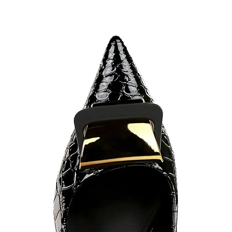 Snake patterned patent leather Women Pumps Metal buckle decoration High Heels stilettos 10 cm Ladies Heels quality