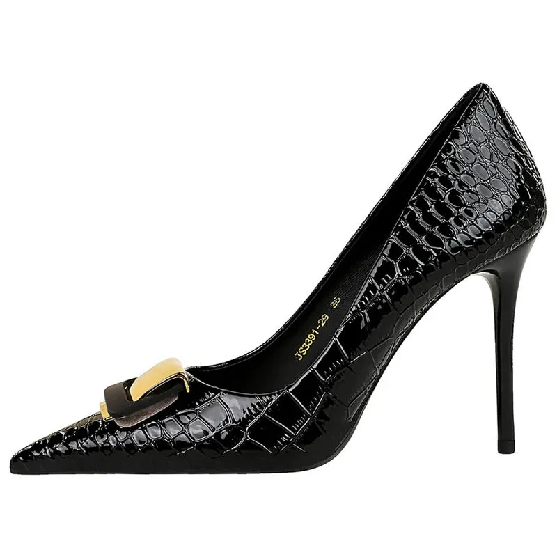 Snake patterned patent leather Women Pumps Metal buckle decoration High Heels stilettos 10 cm Ladies Heels quality