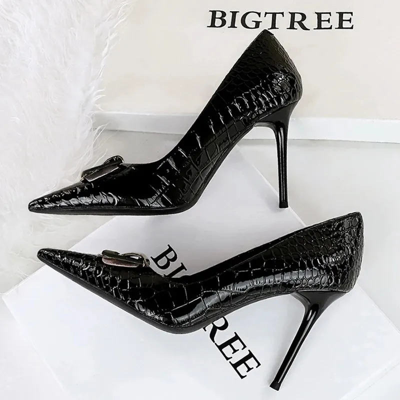 Snake patterned patent leather Women Pumps Metal buckle decoration High Heels stilettos 10 cm Ladies Heels quality