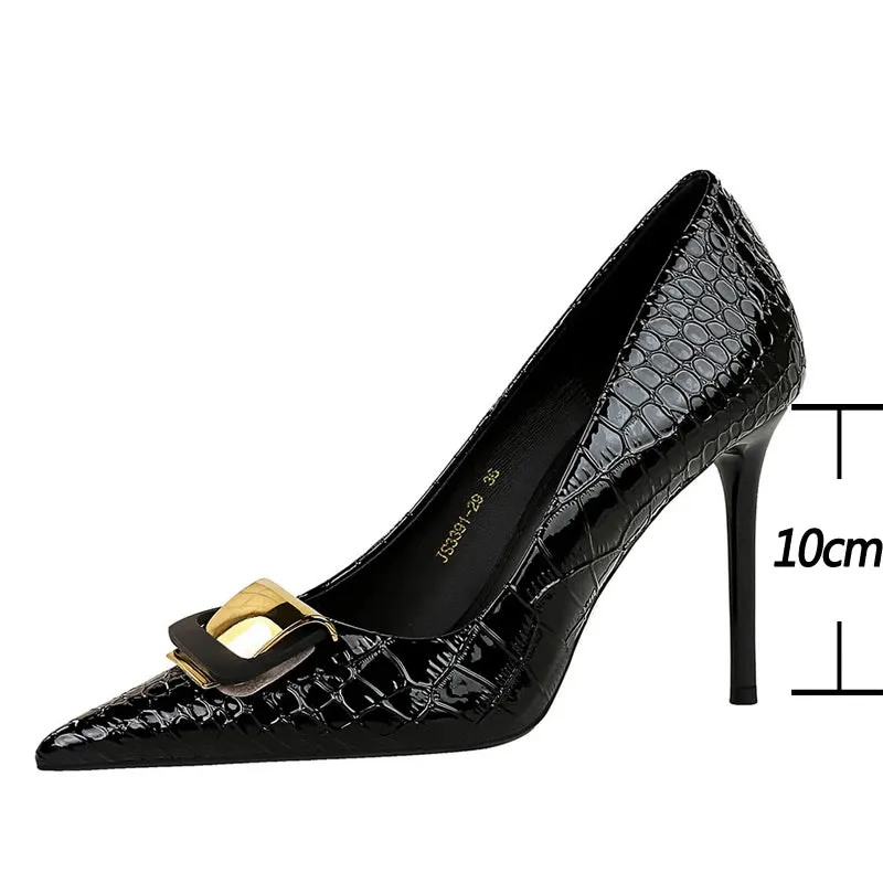 Snake patterned patent leather Women Pumps Metal buckle decoration High Heels stilettos 10 cm Ladies Heels quality