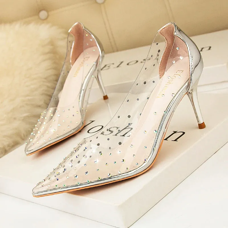 Spring Luxury Women 7cm Pencil High Heels Wedding Pumps Diamond Clear Rose Gold Pumps Silver Pumps Formal Bridal Shoes