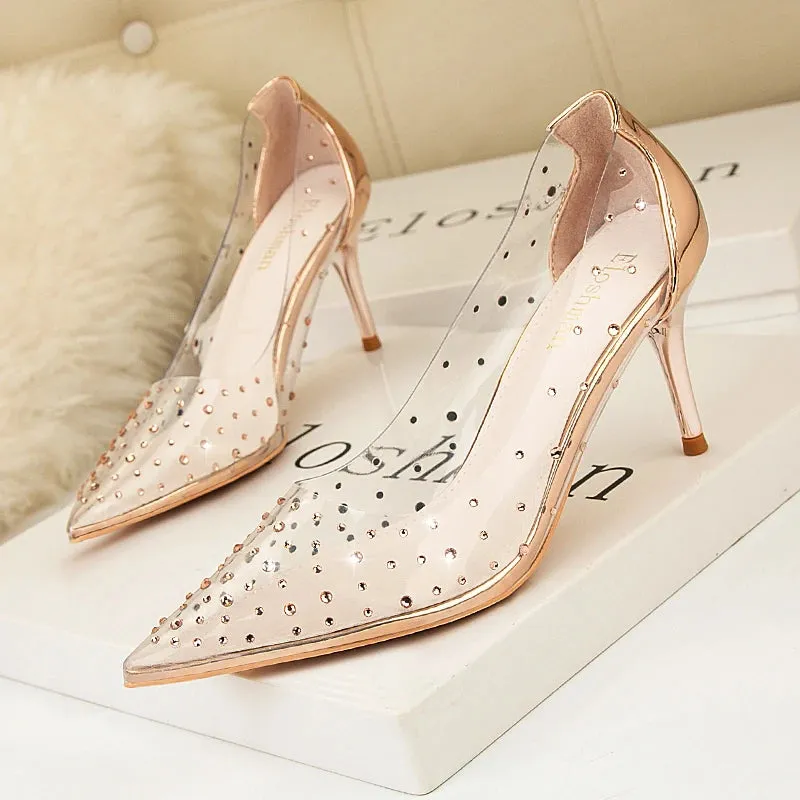 Spring Luxury Women 7cm Pencil High Heels Wedding Pumps Diamond Clear Rose Gold Pumps Silver Pumps Formal Bridal Shoes