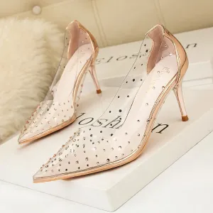Spring Luxury Women 7cm Pencil High Heels Wedding Pumps Diamond Clear Rose Gold Pumps Silver Pumps Formal Bridal Shoes