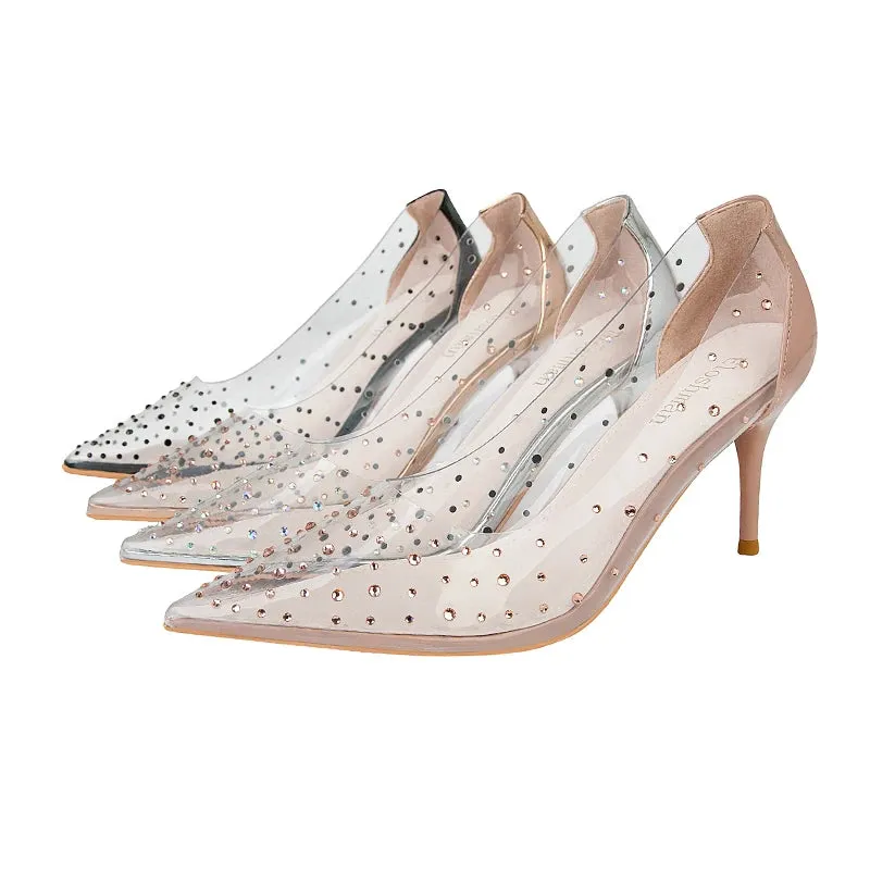 Spring Luxury Women 7cm Pencil High Heels Wedding Pumps Diamond Clear Rose Gold Pumps Silver Pumps Formal Bridal Shoes