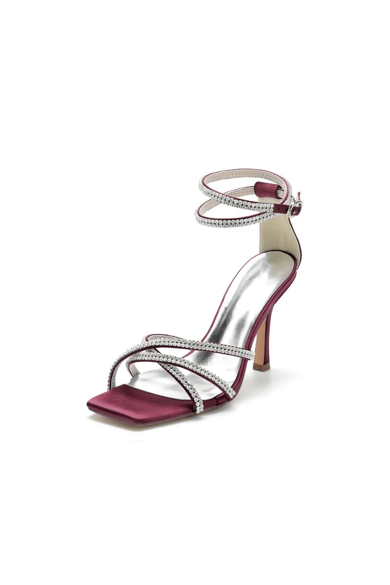 Square Open-Toe Beaded Strap Buckle Stiletto Heels