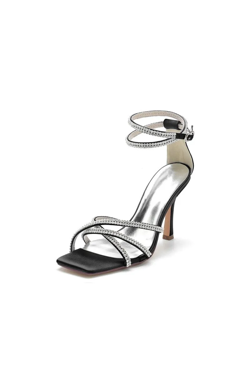 Square Open-Toe Beaded Strap Buckle Stiletto Heels
