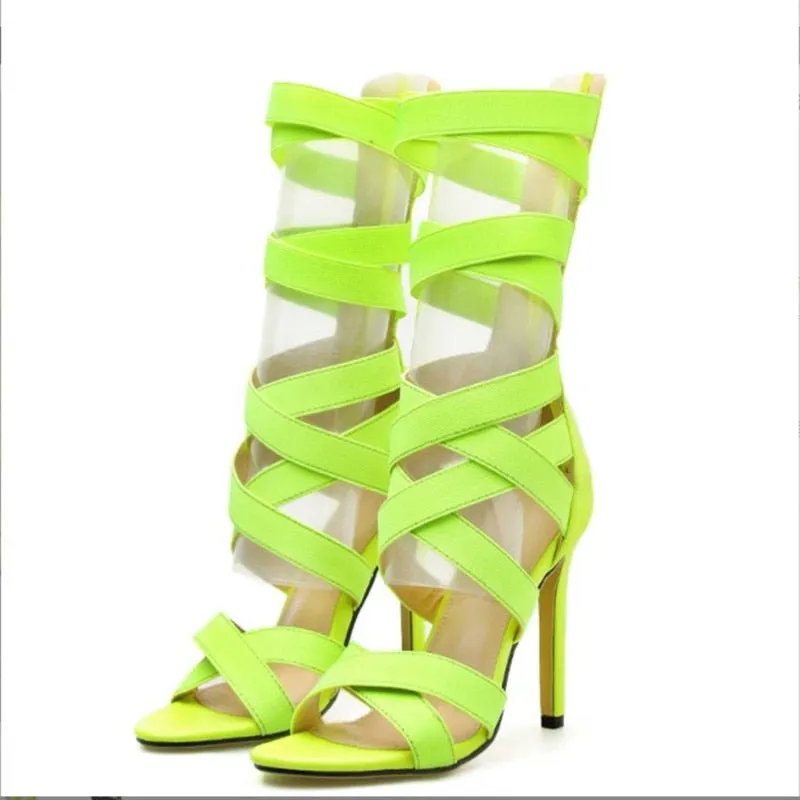 Stretch Fabric Zipper Women Sandals Peep Toe High Heels Hollow Out Sandals