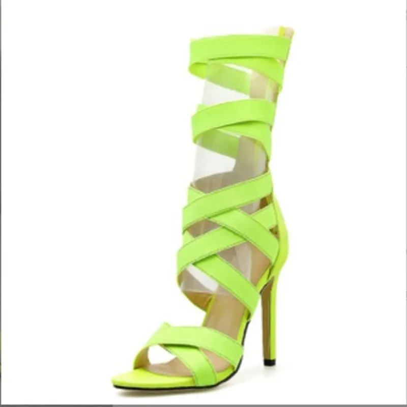 Stretch Fabric Zipper Women Sandals Peep Toe High Heels Hollow Out Sandals