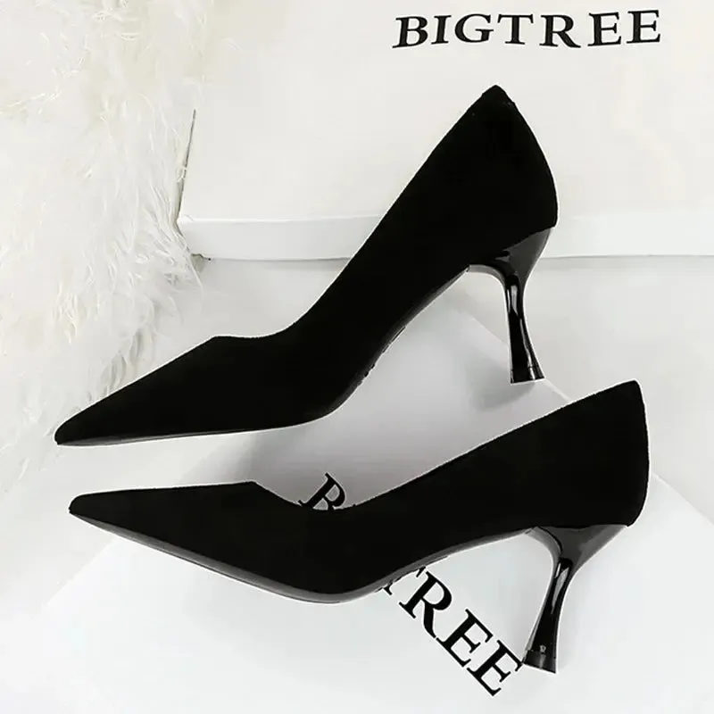 Suede Black Women Pumps Wine Glasses And High Heels Pointed Toe Women Heels