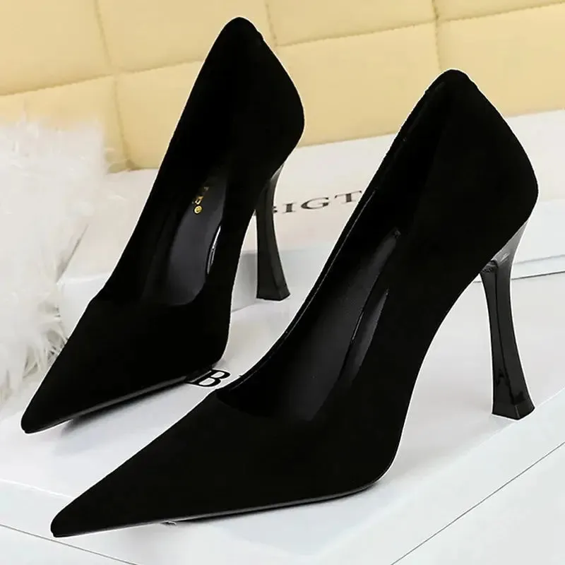 Suede Black Women Pumps Wine Glasses And High Heels Pointed Toe Women Heels