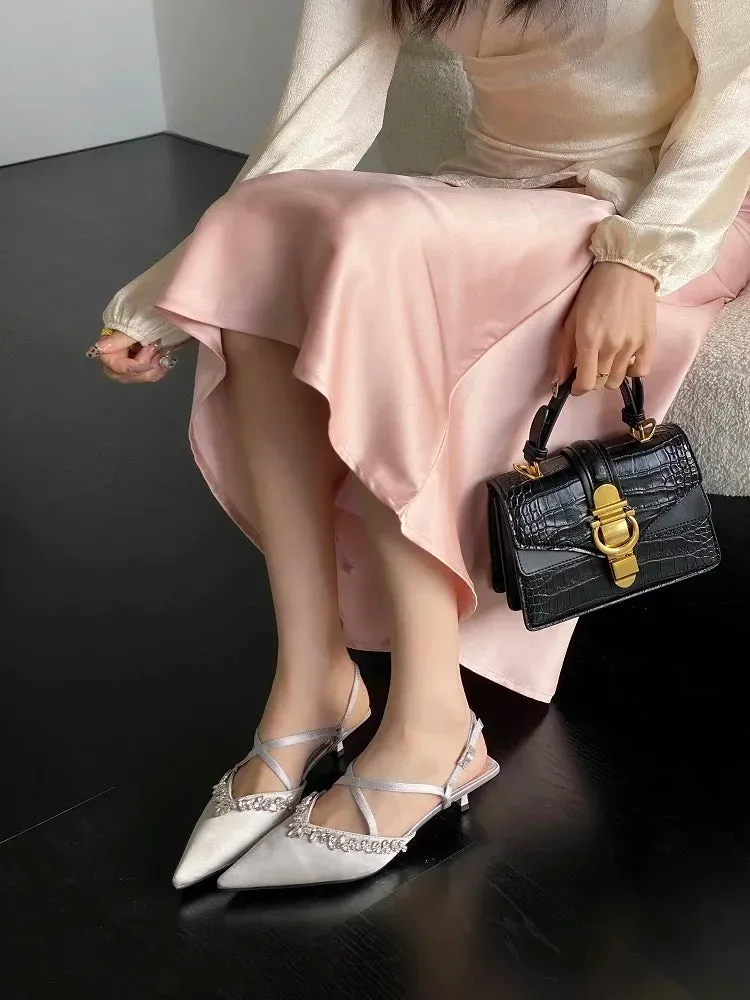 Thin Low Heels Crystal Buckle Strap Female Shoes