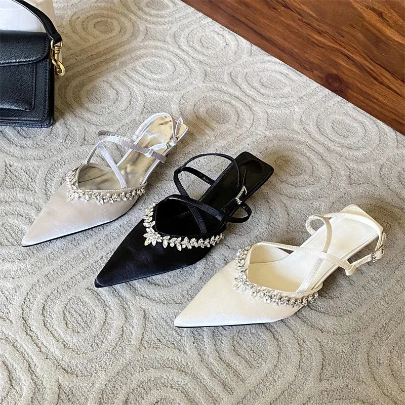Thin Low Heels Crystal Buckle Strap Female Shoes