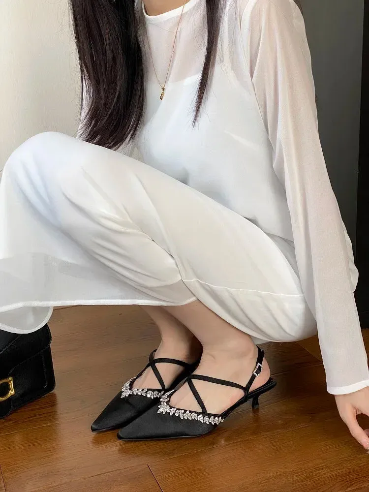 Thin Low Heels Crystal Buckle Strap Female Shoes