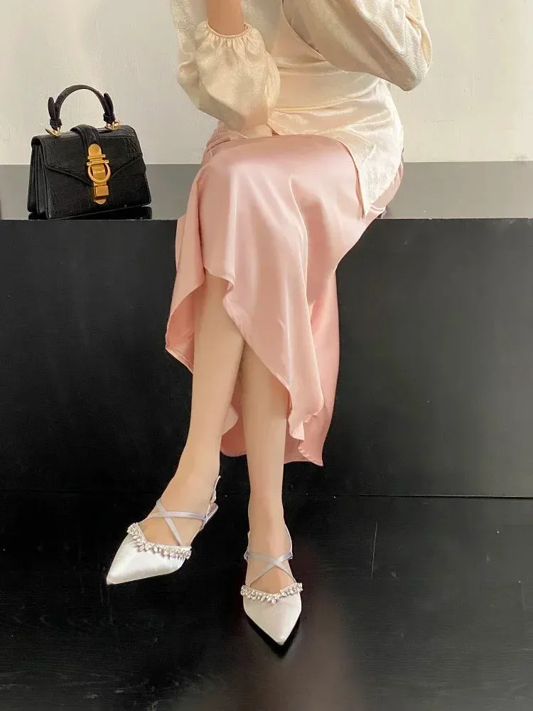 Thin Low Heels Crystal Buckle Strap Female Shoes