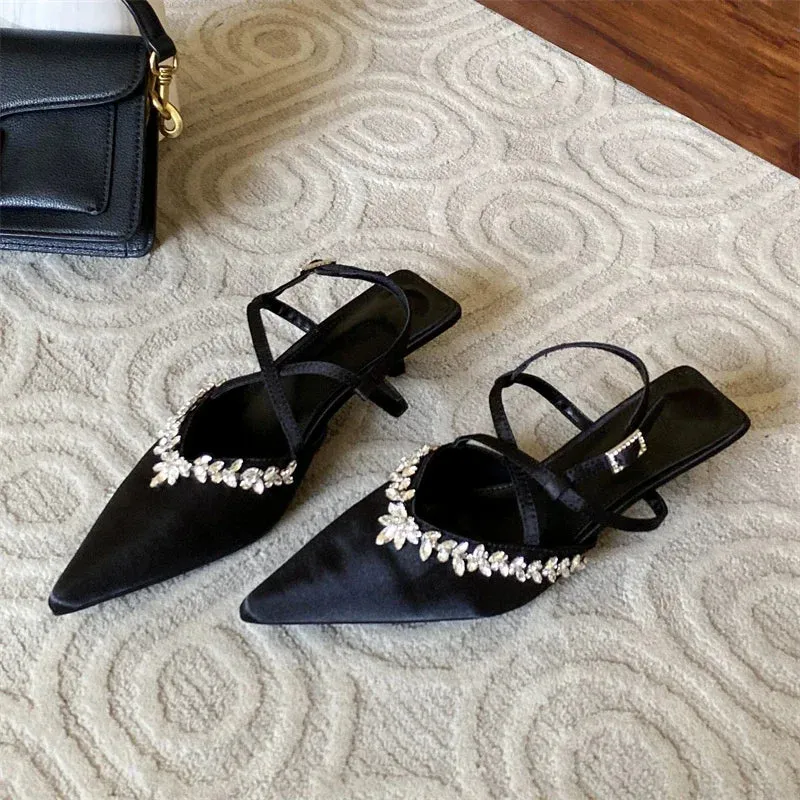 Thin Low Heels Crystal Buckle Strap Female Shoes