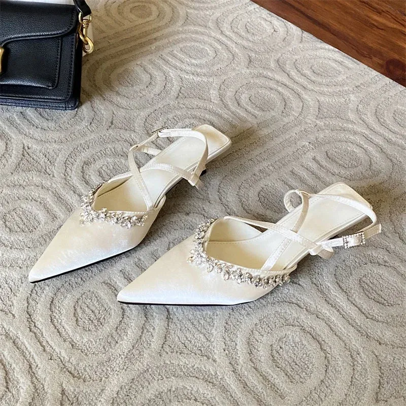 Thin Low Heels Crystal Buckle Strap Female Shoes