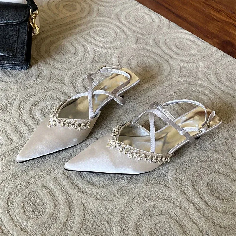 Thin Low Heels Crystal Buckle Strap Female Shoes