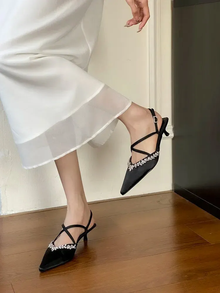 Thin Low Heels Crystal Buckle Strap Female Shoes