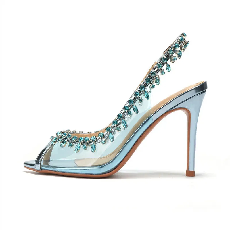 VougeVamp Luxury Crystal Tassel Slingback Pumps – Transparent PVC Peep-Toe High Heels for Weddings & Parties
