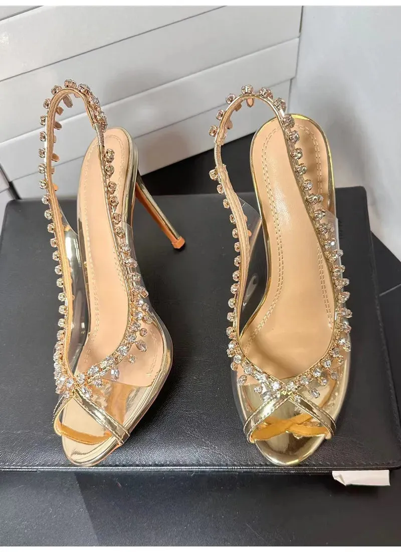 VougeVamp Luxury Crystal Tassel Slingback Pumps – Transparent PVC Peep-Toe High Heels for Weddings & Parties