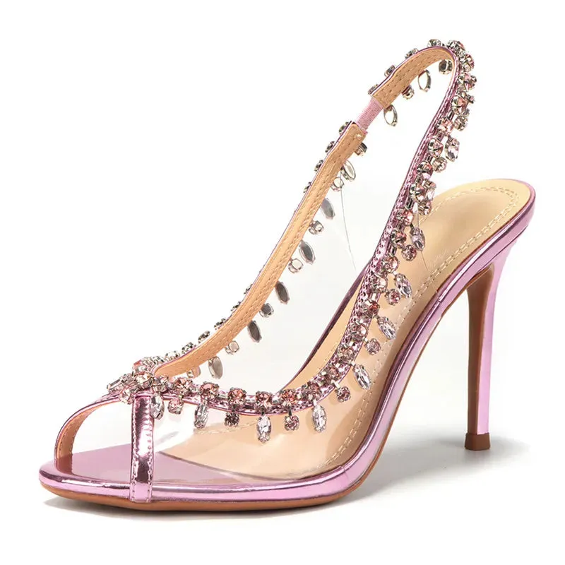 VougeVamp Luxury Crystal Tassel Slingback Pumps – Transparent PVC Peep-Toe High Heels for Weddings & Parties