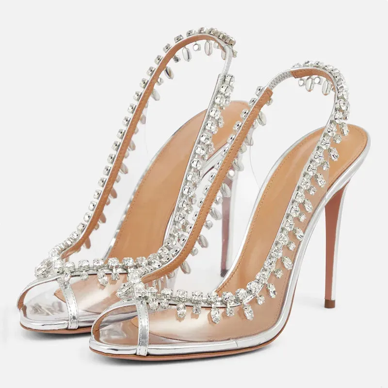 VougeVamp Luxury Crystal Tassel Slingback Pumps – Transparent PVC Peep-Toe High Heels for Weddings & Parties