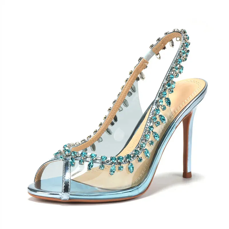 VougeVamp Luxury Crystal Tassel Slingback Pumps – Transparent PVC Peep-Toe High Heels for Weddings & Parties
