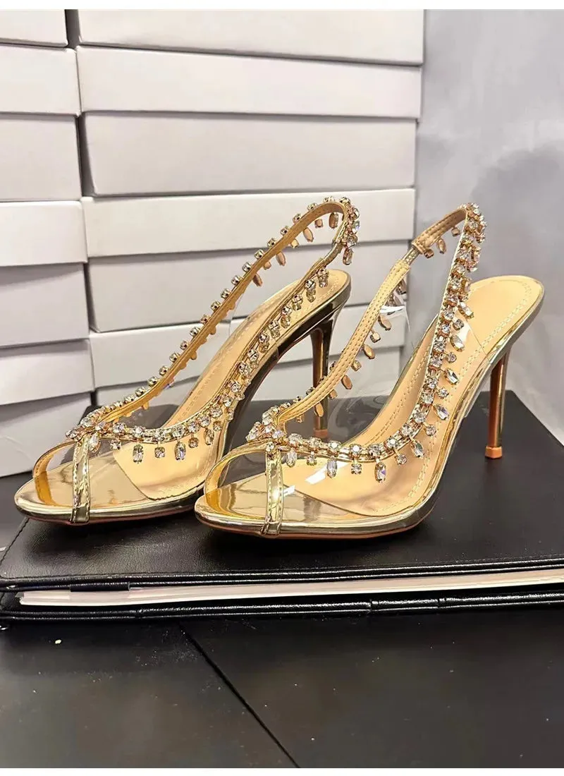VougeVamp Luxury Crystal Tassel Slingback Pumps – Transparent PVC Peep-Toe High Heels for Weddings & Parties