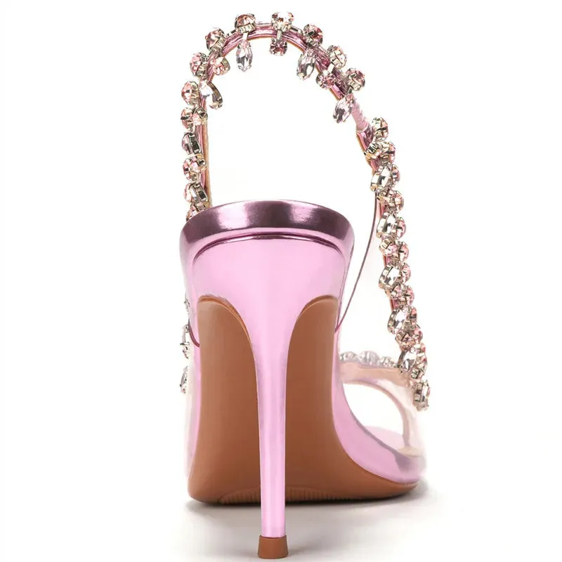 VougeVamp Luxury Crystal Tassel Slingback Pumps – Transparent PVC Peep-Toe High Heels for Weddings & Parties