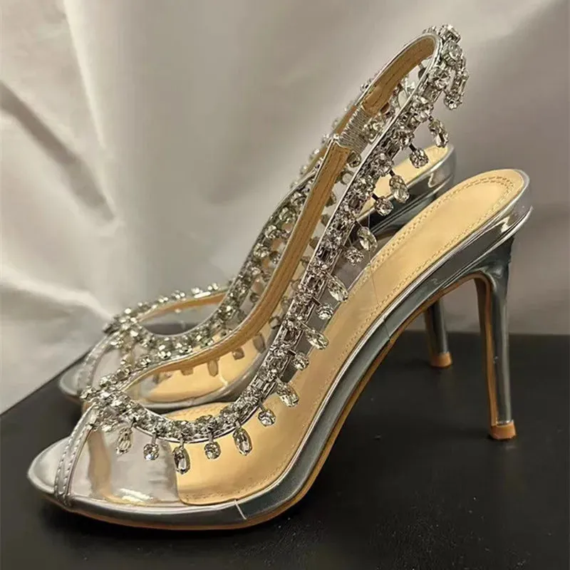 VougeVamp Luxury Crystal Tassel Slingback Pumps – Transparent PVC Peep-Toe High Heels for Weddings & Parties