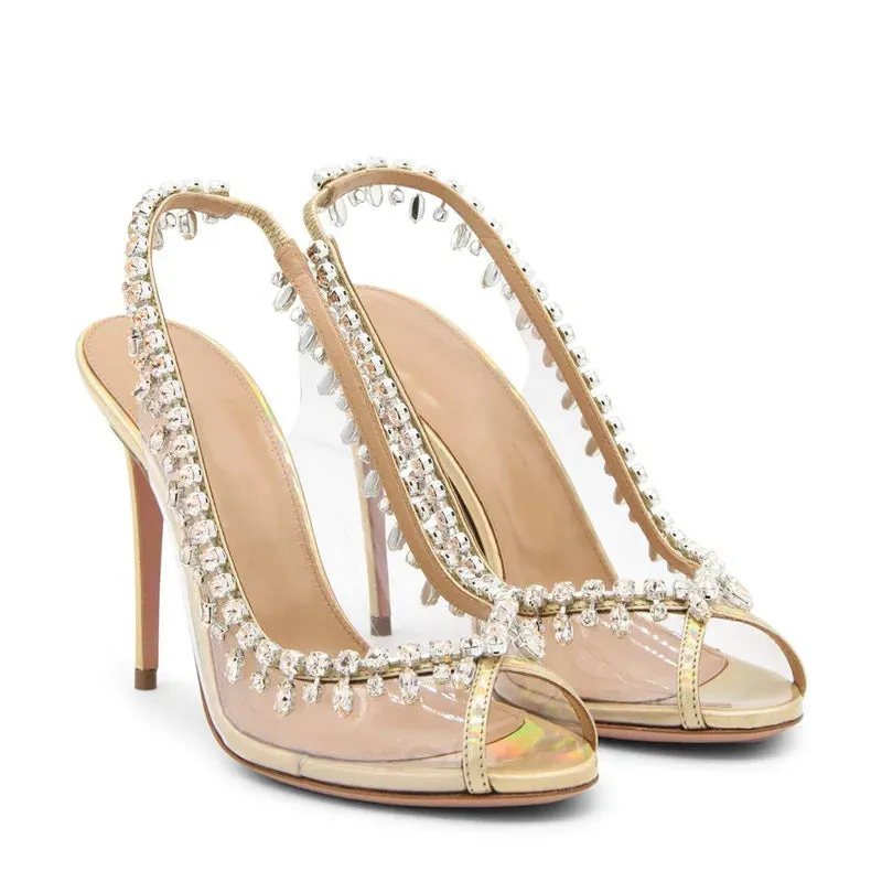 VougeVamp Luxury Crystal Tassel Slingback Pumps – Transparent PVC Peep-Toe High Heels for Weddings & Parties