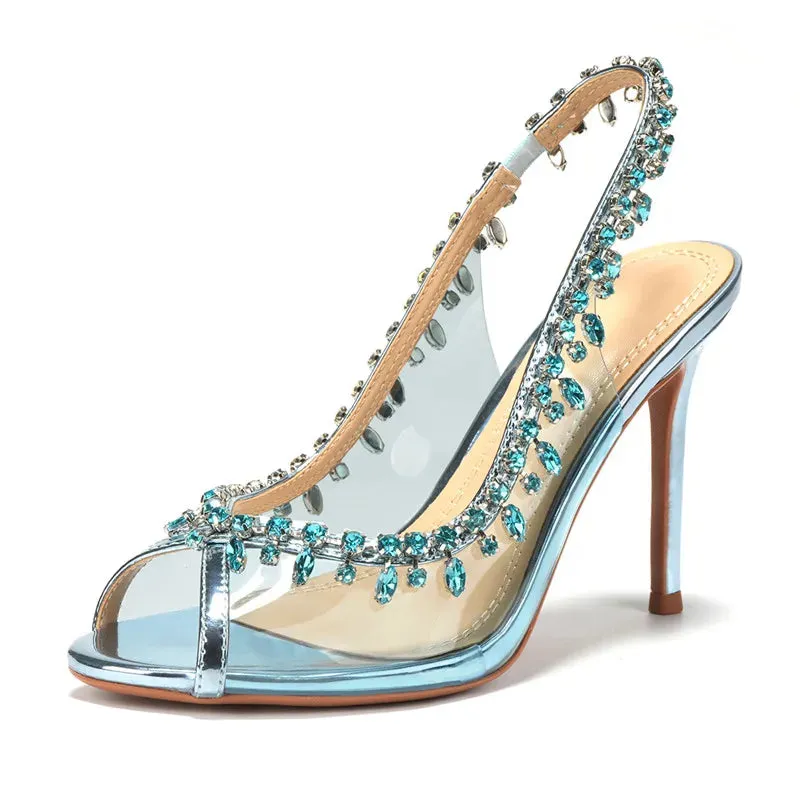 VougeVamp Luxury Crystal Tassel Slingback Pumps – Transparent PVC Peep-Toe High Heels for Weddings & Parties