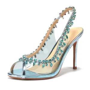 VougeVamp Luxury Crystal Tassel Slingback Pumps – Transparent PVC Peep-Toe High Heels for Weddings & Parties