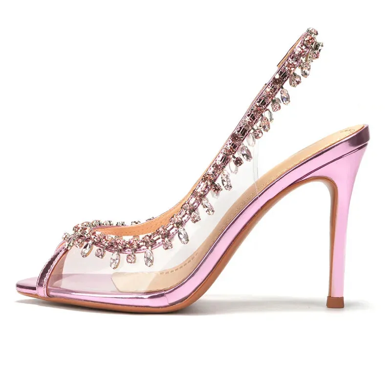 VougeVamp Luxury Crystal Tassel Slingback Pumps – Transparent PVC Peep-Toe High Heels for Weddings & Parties