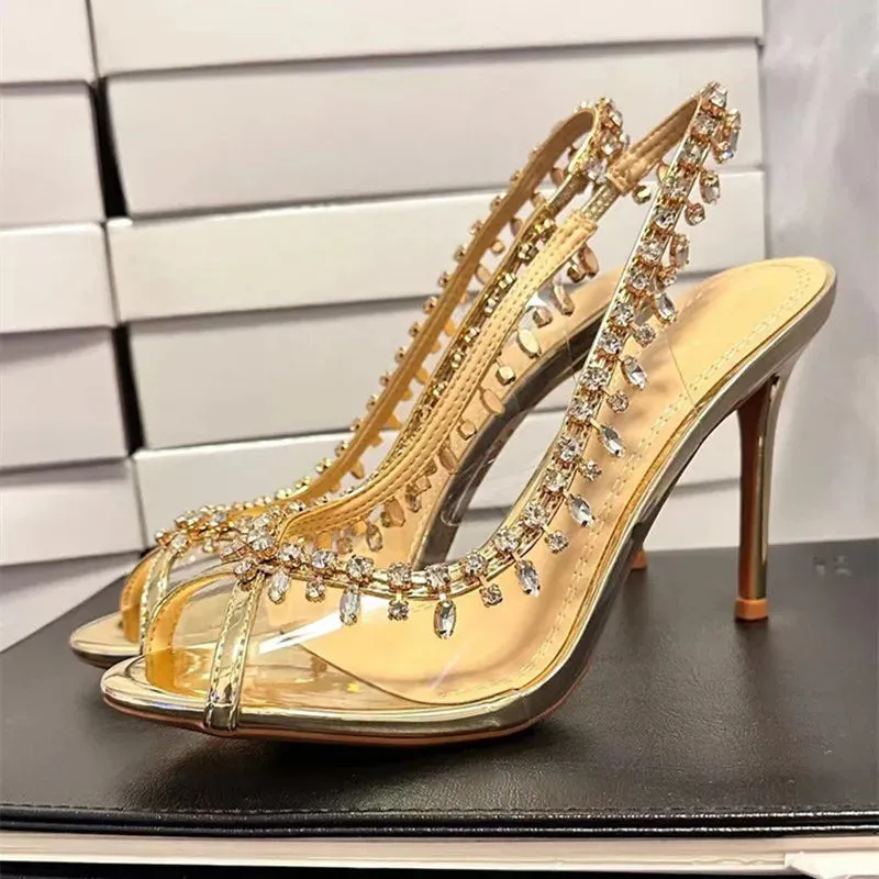 VougeVamp Luxury Crystal Tassel Slingback Pumps – Transparent PVC Peep-Toe High Heels for Weddings & Parties