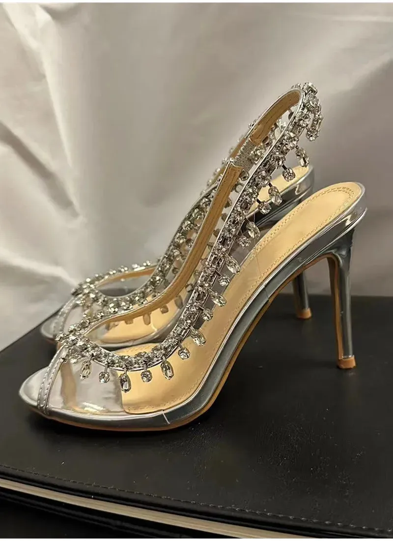 VougeVamp Luxury Crystal Tassel Slingback Pumps – Transparent PVC Peep-Toe High Heels for Weddings & Parties