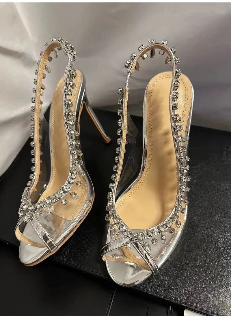 VougeVamp Luxury Crystal Tassel Slingback Pumps – Transparent PVC Peep-Toe High Heels for Weddings & Parties