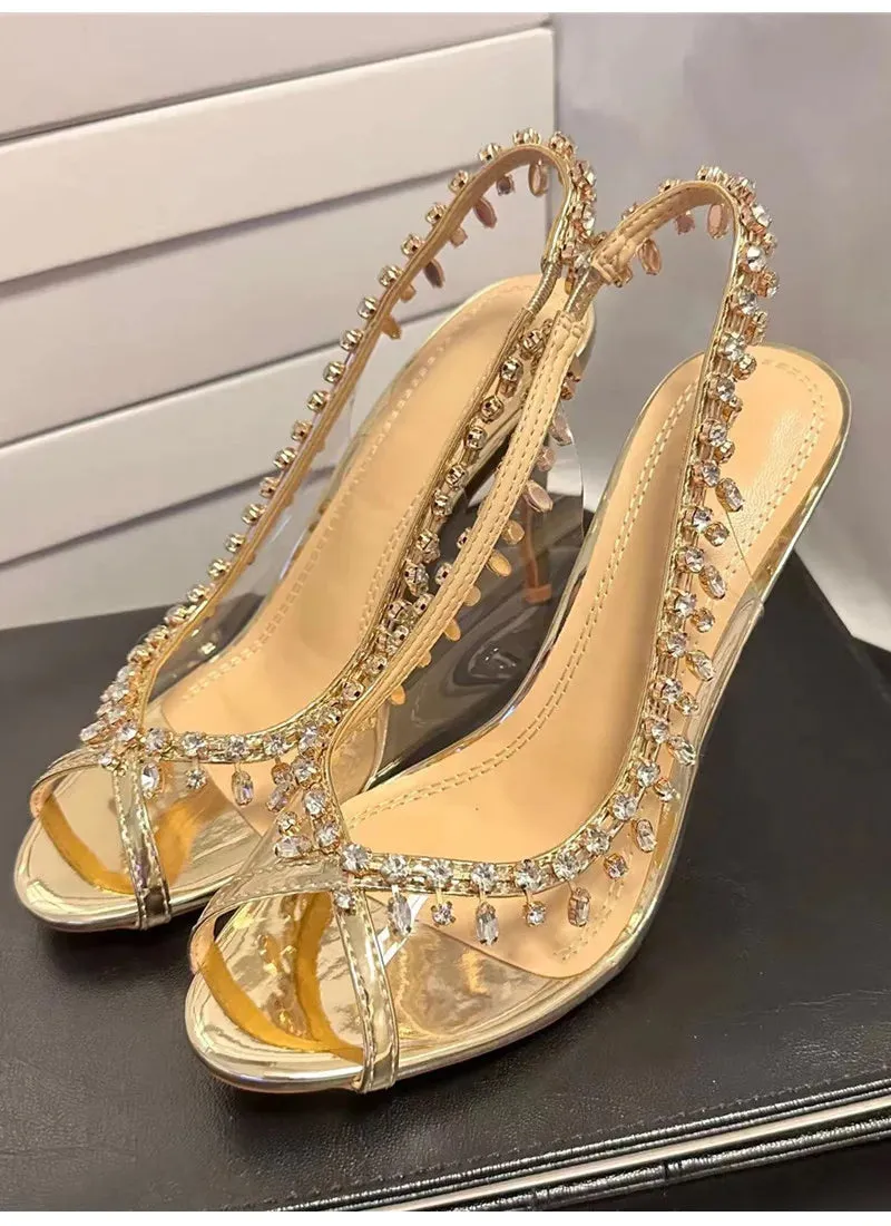 VougeVamp Luxury Crystal Tassel Slingback Pumps – Transparent PVC Peep-Toe High Heels for Weddings & Parties