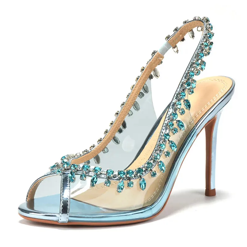 VougeVamp Luxury Crystal Tassel Slingback Pumps – Transparent PVC Peep-Toe High Heels for Weddings & Parties