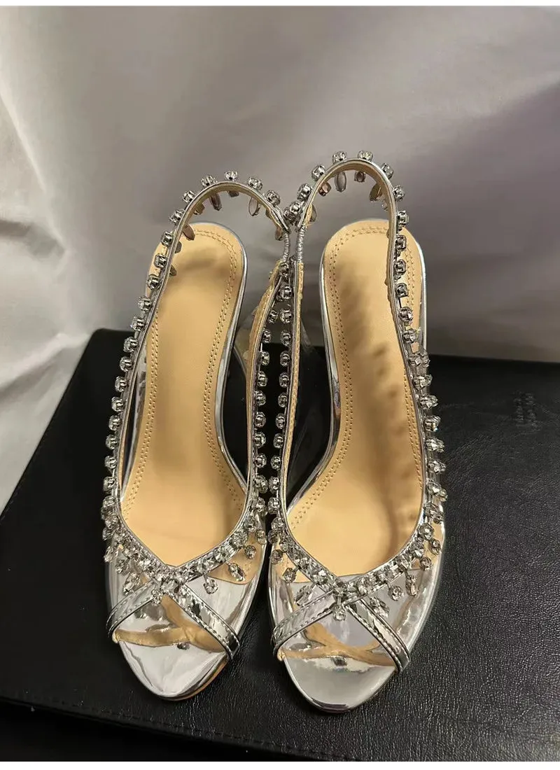 VougeVamp Luxury Crystal Tassel Slingback Pumps – Transparent PVC Peep-Toe High Heels for Weddings & Parties