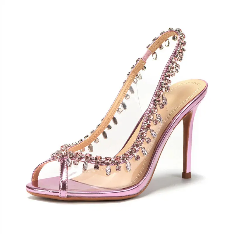 VougeVamp Luxury Crystal Tassel Slingback Pumps – Transparent PVC Peep-Toe High Heels for Weddings & Parties