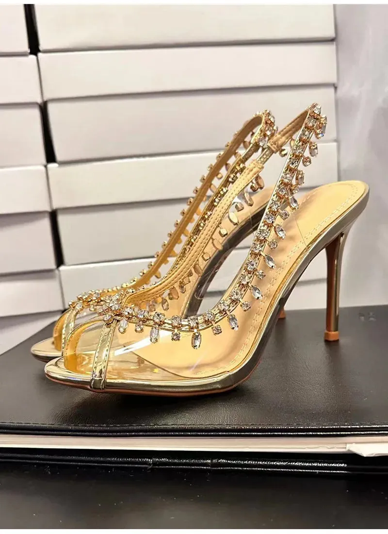VougeVamp Luxury Crystal Tassel Slingback Pumps – Transparent PVC Peep-Toe High Heels for Weddings & Parties