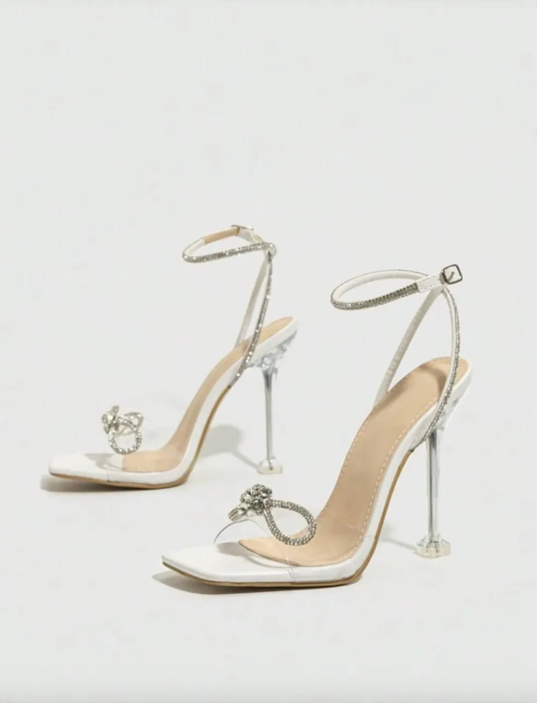 White & Rhinestone Bow Heels