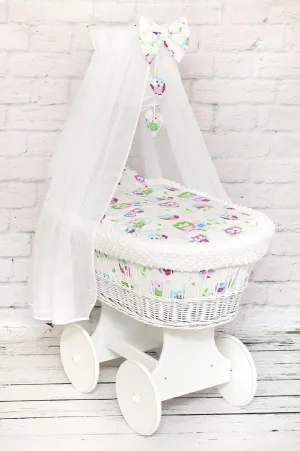 White Wicker Moses Basket with Wheels Baby full Bedding Set Owls white dimple