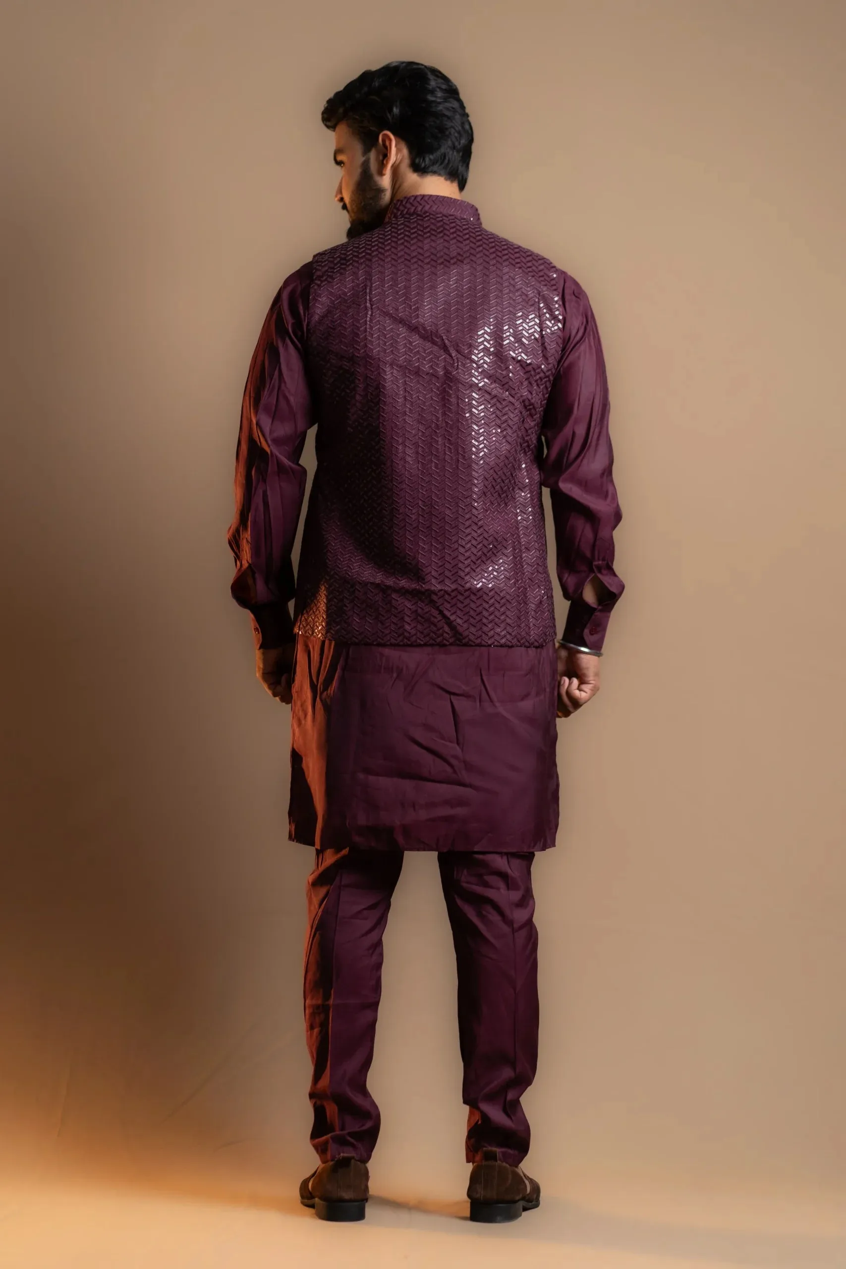 Wine-colored Kurta Pajama Set with Koti for Men