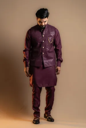 Wine-colored Kurta Pajama Set with Koti for Men